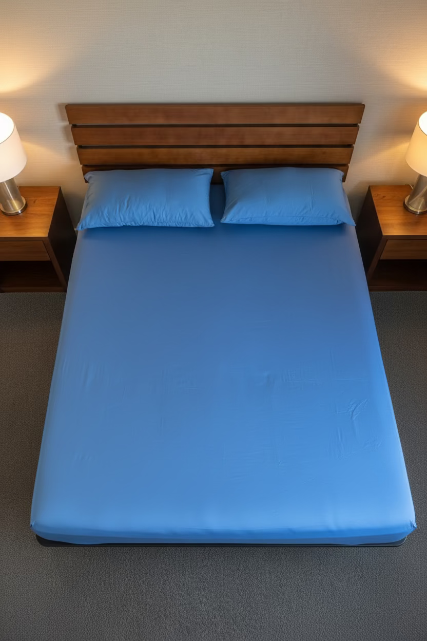 A bed dressed in a cobalt blue fitted sheet and two matching blue pillows, positioned against a wooden headboard in a bedroom with gray carpet and off-white walls.