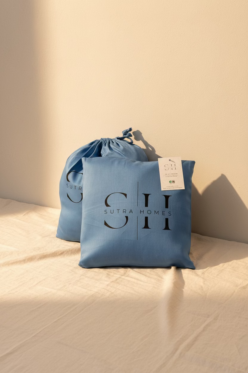 A blue pillow with a black 'SUTRA HOMES' logo printed on the front, standing next to a matching blue drawstring storage bag on an elevated backdrop against a white wall.