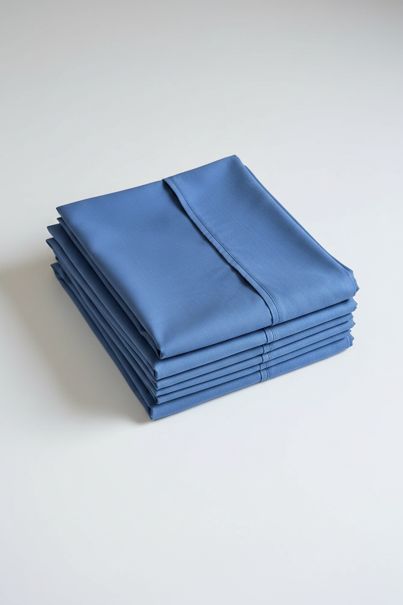 A stack of folded blue flat sheets on a plain light gray background.
