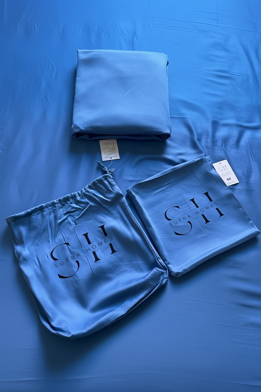 Two blue satin-like drawstring dust bags with black 'SUTRS HOMES' logos, & a fitted sheet laid flat on a matching blue fabric background. 