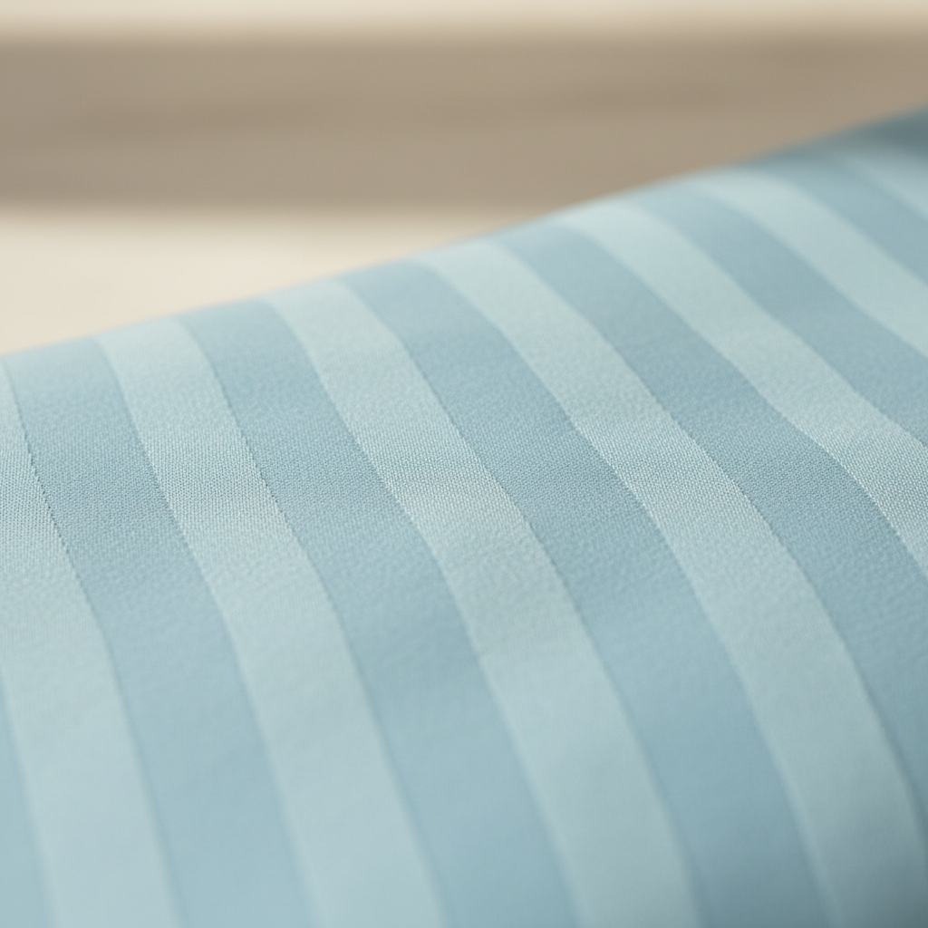 A close-up of a light blue striped fabric, showing the texture and pattern in sharp focus with a softly blurred background.