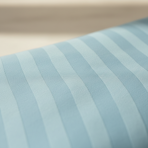 A close-up of a light blue striped fabric, showing the texture and pattern in sharp focus with a softly blurred background.