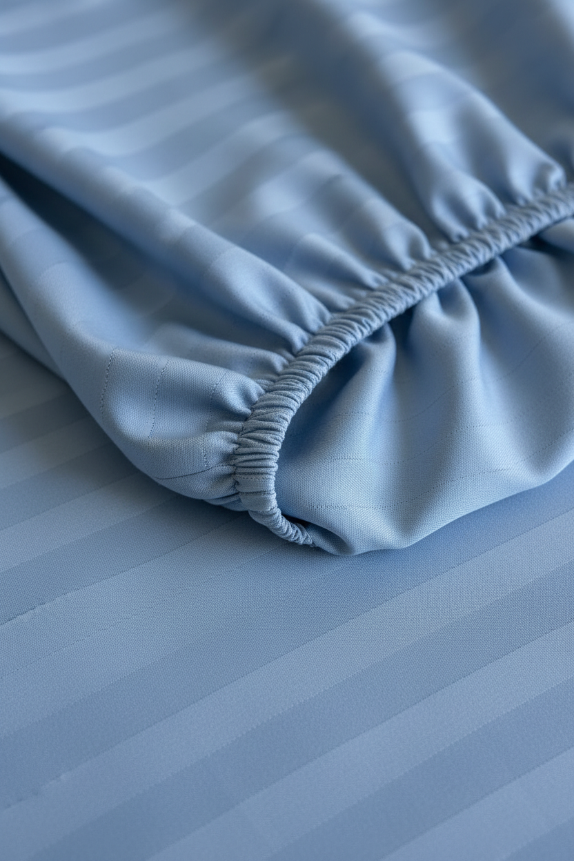 Close-up of a light blue striped fitted sheet, gathered around an elasticized edge.