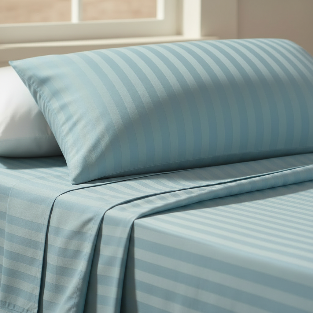 A close-up of a light blue self-striped fabric, showing the texture and pattern in sharp focus with a softly blurred background.