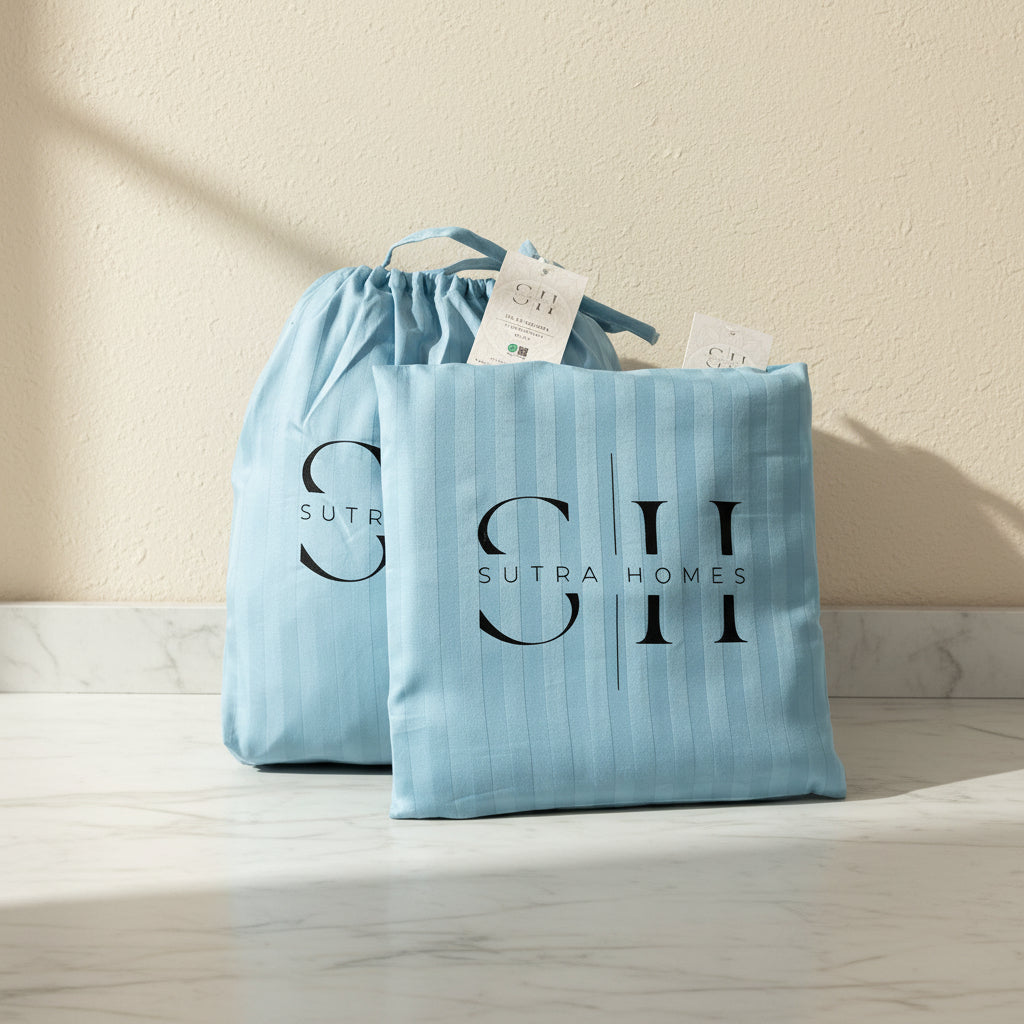 A light blue self-striped Sutra Homes bedding set, including a pillowcase and a fitted or flat sheet with matching drawstring bag, displayed against a neutral wall