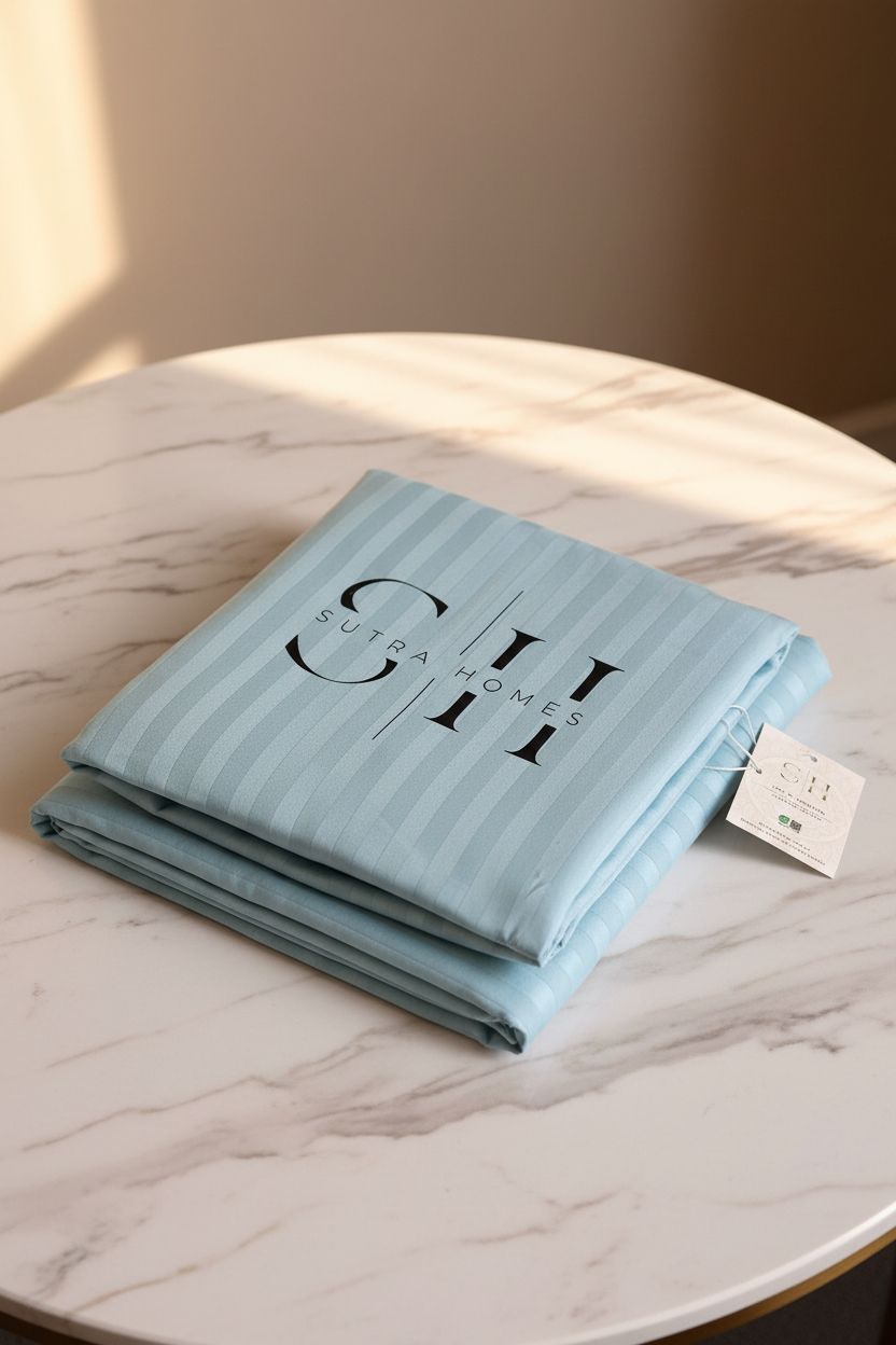 A folded light blue striped bedding sheet (flat or fitted) + 2 pillow covers