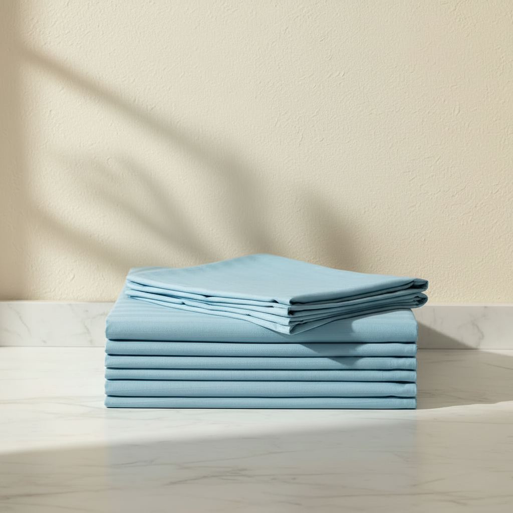 A stack of neatly folded light blue self-striped bedsheets on a white marble surface against a warm beige wall, with soft shadow patterns cast across the scene.