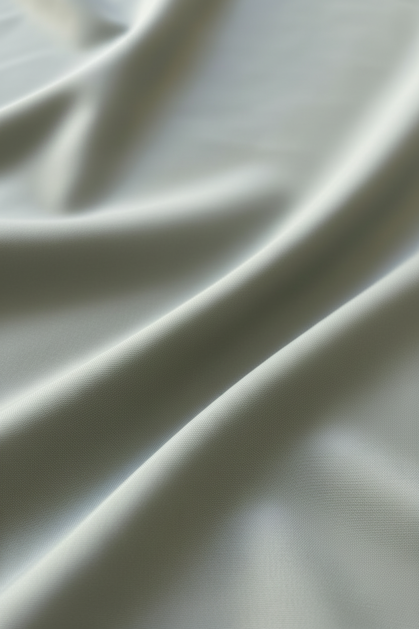A close-up of draped sage green fabric with soft folds and a smooth texture.