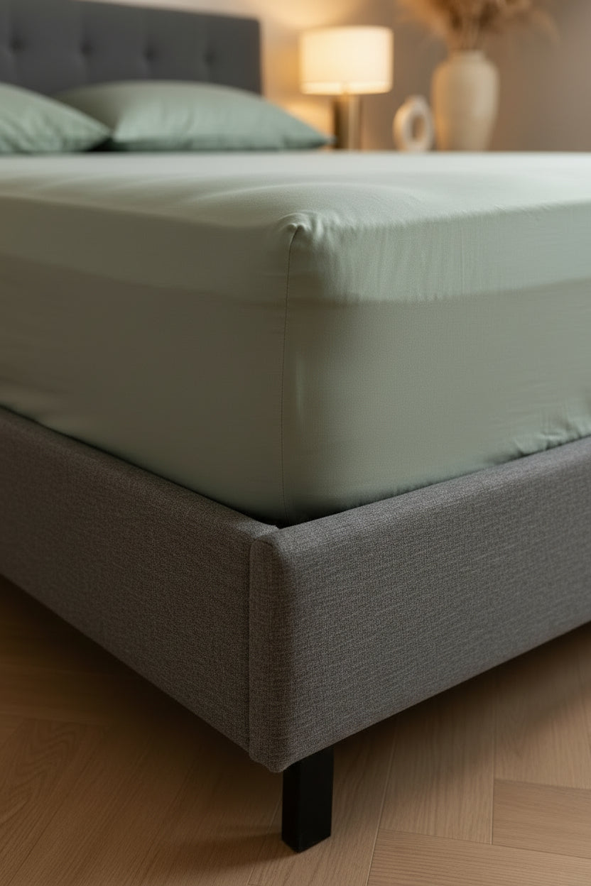 A close-up of a bed with a pale sage green fitted sheet and a gray upholstered bed frame, shown in a real bedroom setting 