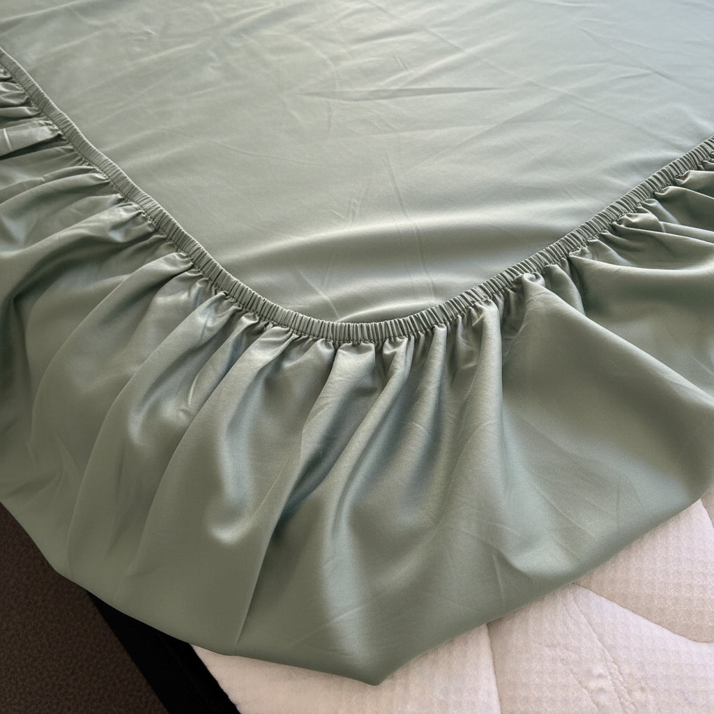 An olive green fitted sheet with elasticized corners, shown draped over a mattress in a bedroom setting.