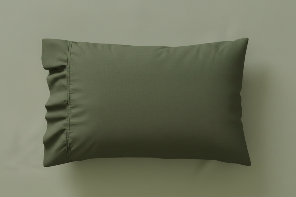 A close-up of a sage green pillowcase with a visible stitched detail, resting on a matching sheet