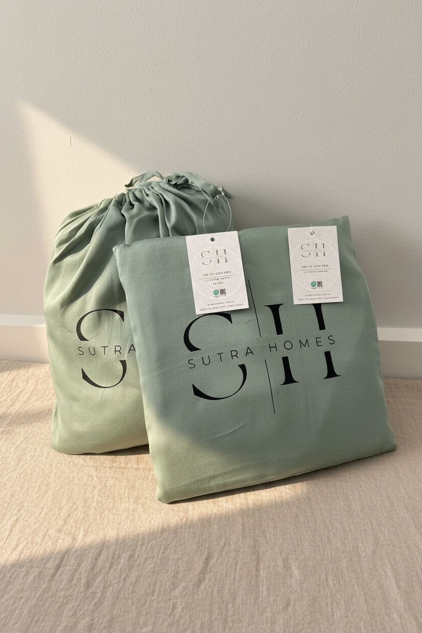 A folded sage green/ olive green fitted or flat sheet in a drawstring storage bag and pillowcase in a pillow cover, both printed with the Sutra Homes logo, resting against a light wall.