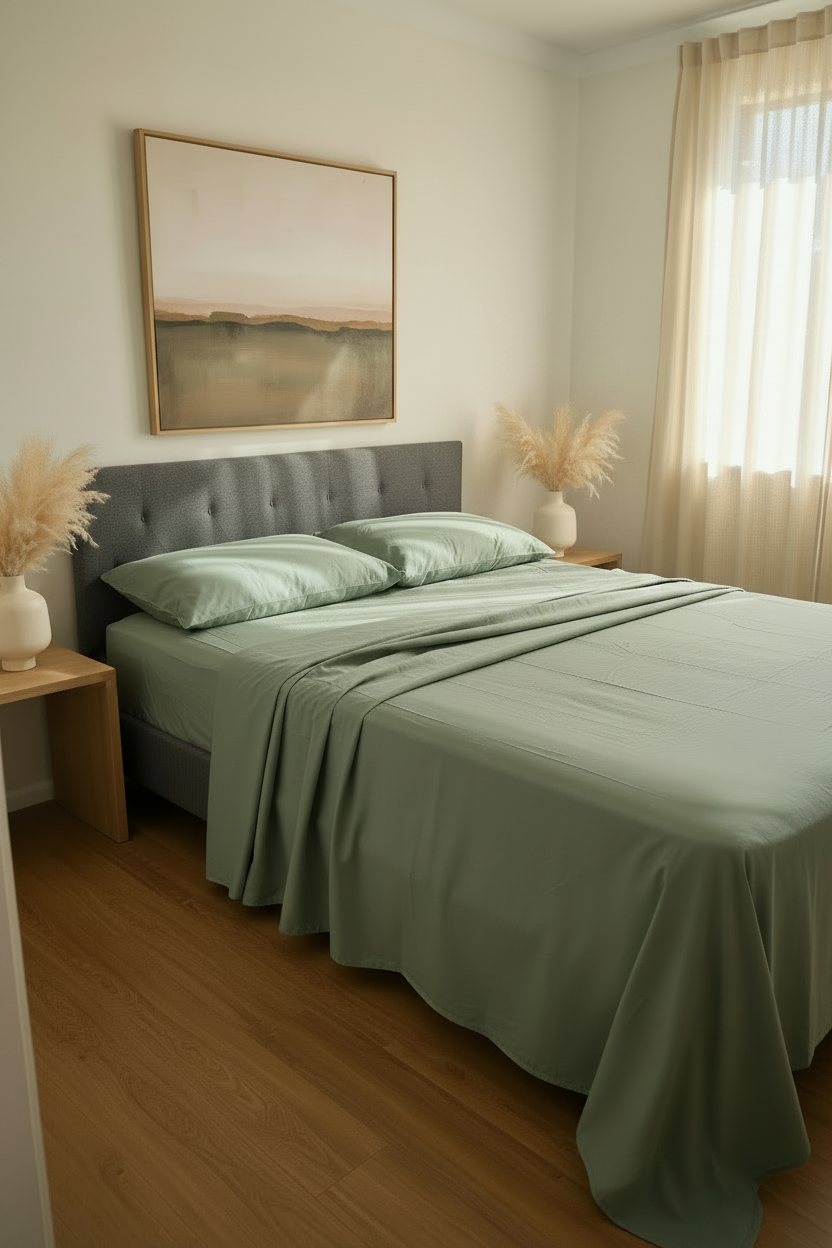 A neatly made bed in a softly lit bedroom, dressed with sage green bedding and matching pillows, with a gray upholstered headboard, wood floor, side tables, and a framed landscape painting above.