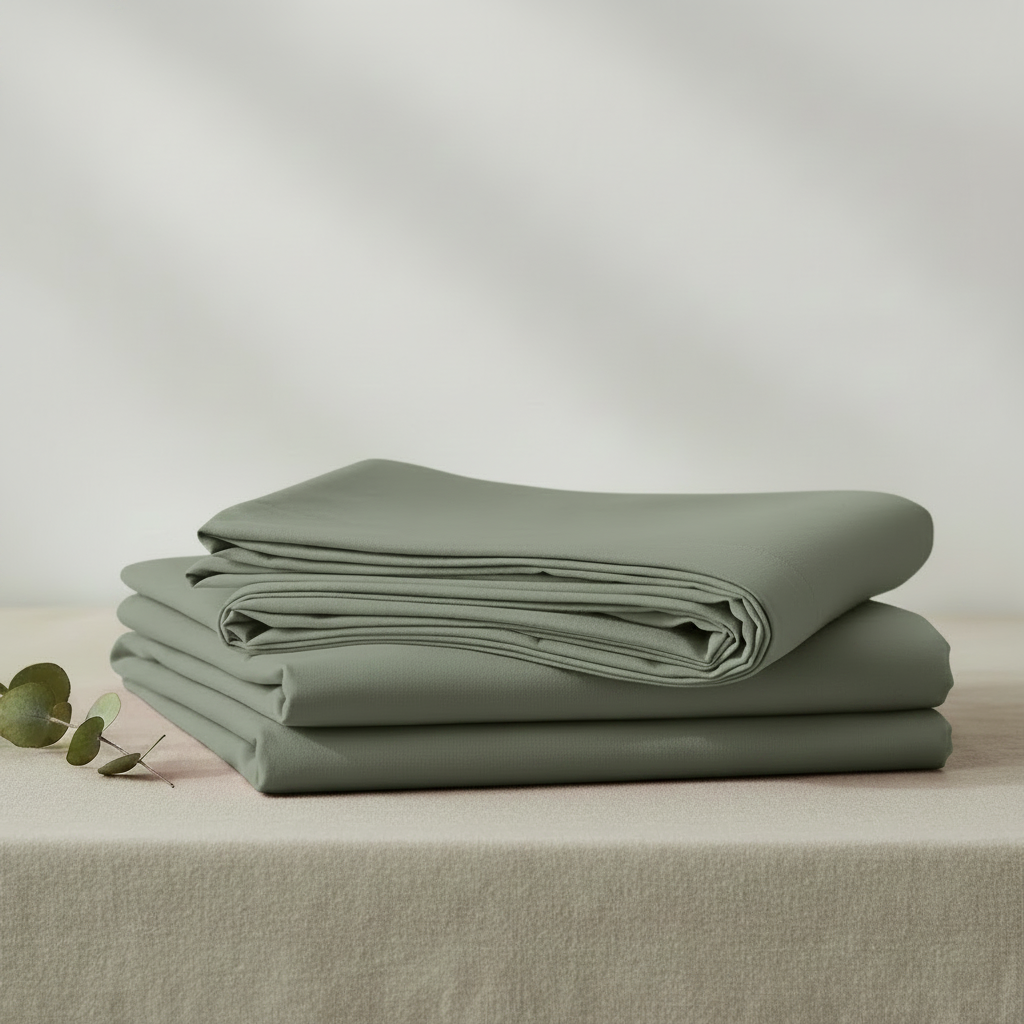 A folded stack of sage green bedding, flat sheets, displayed on a light beige linen surface with a small eucalyptus sprig against a soft gray background.