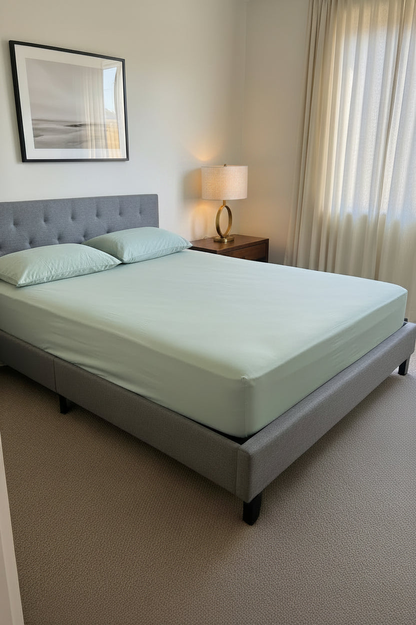 A gray upholstered bed frame with a light sage green mattress and matching pillows, shown in a styled bedroom setting 