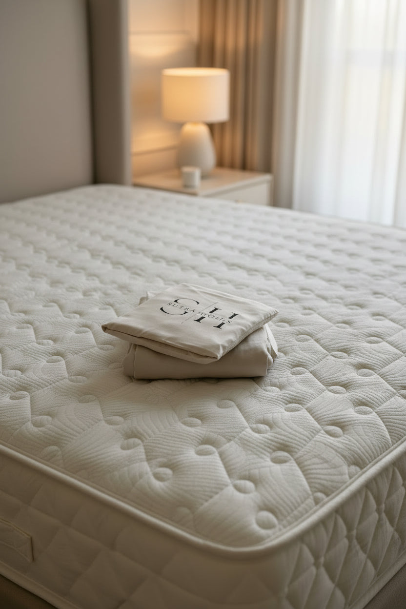 A folded beige/pebble colored bedding sheet or pillowcase with the brand name 'SUTRA HOMES' printed in black, resting on a white quilted mattress.