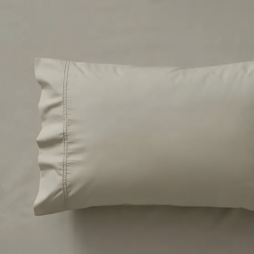 A close-up of a pebble pillowcase with a decorative ruffled edge and a single visible stitched detail, resting on a matching white sheet against a neutral background.