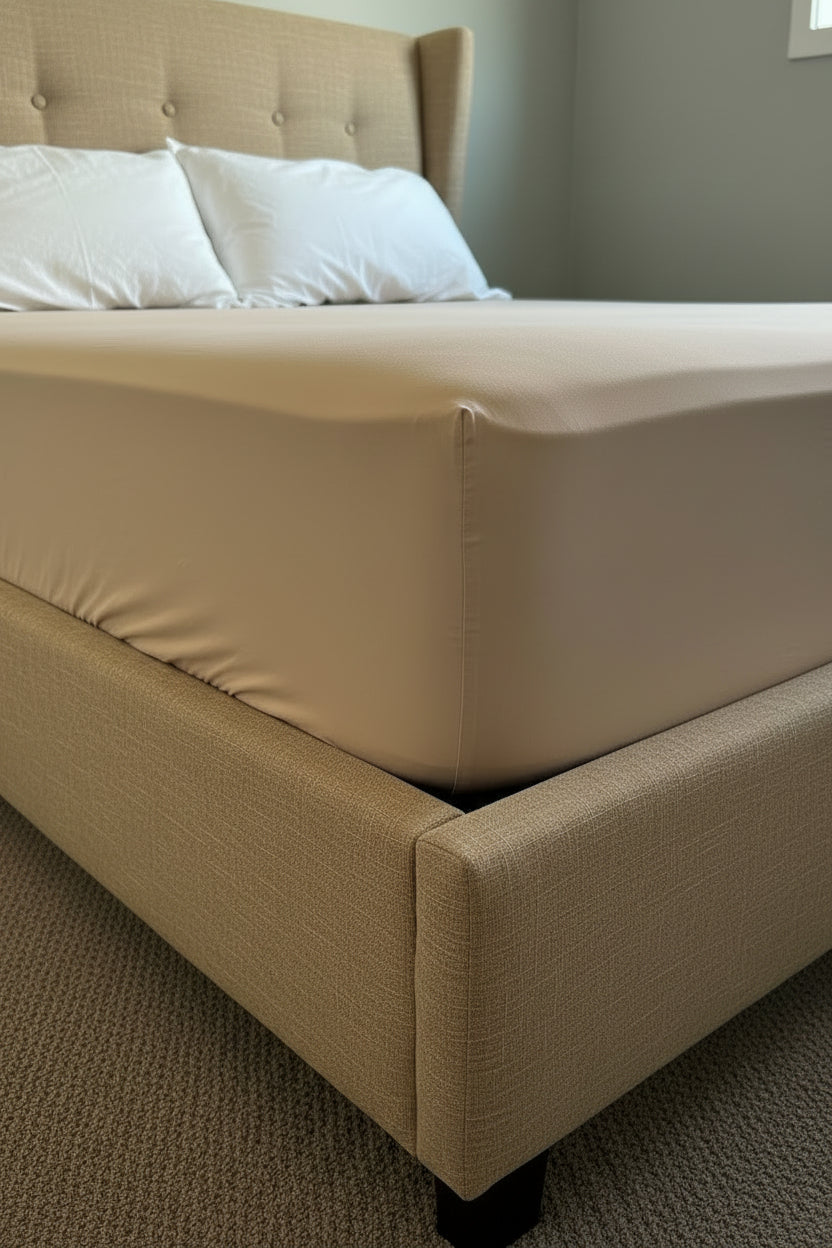 A close-up view of a fitted bed sheet in a light beige or off-white color, pulled tightly over a mattress on a bed frame in a bedroom setting.