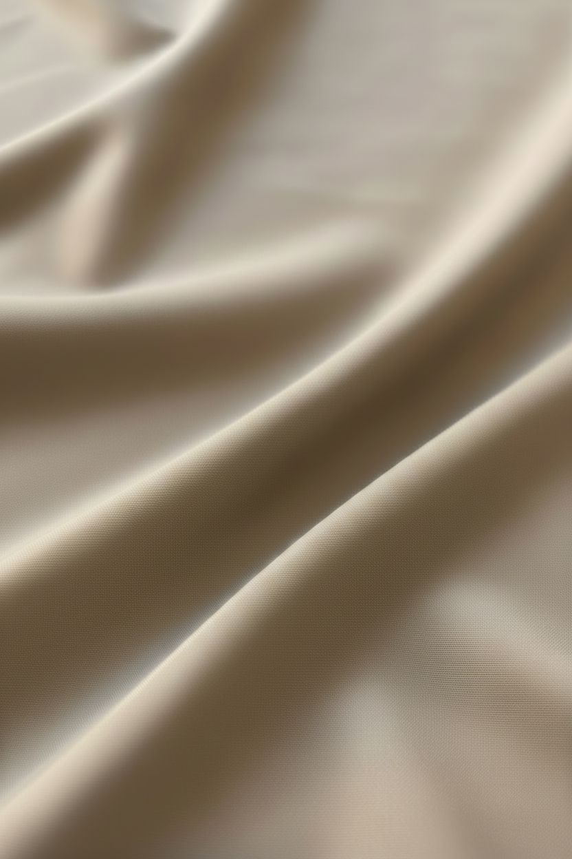 Close-up of draped beige colored fabric with soft folds and a smooth texture.
