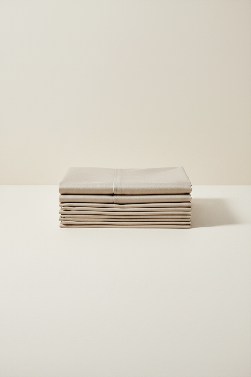 A folded set of light beige or cream-colored flat sheets, likely a pillowcase and fitted sheet, displayed on a white background