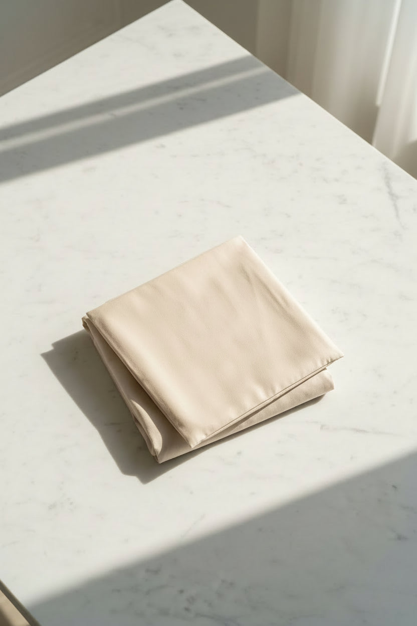 A folded cream-colored bedding sheet with the brand name 'SUTRA HOMES' printed in black, resting on a marble 