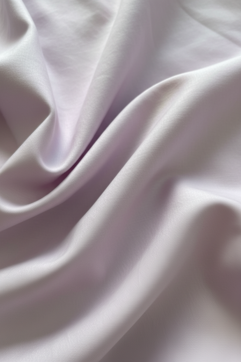 A close-up of draped light lavender / lilac fabric with soft folds and a smooth texture.
