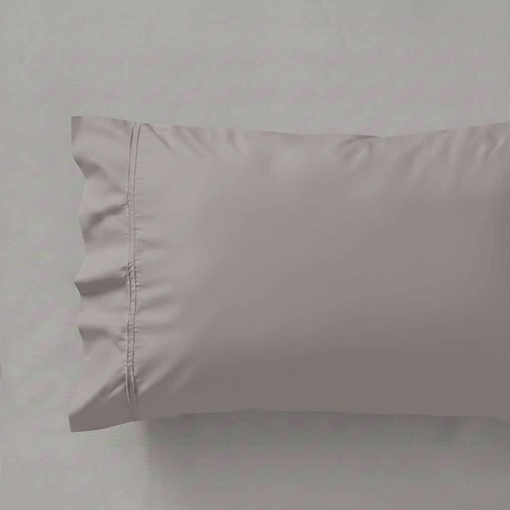 A muted lilac/lavender pillowcase with a  subtle vertical stitching, shown against a matching sheet