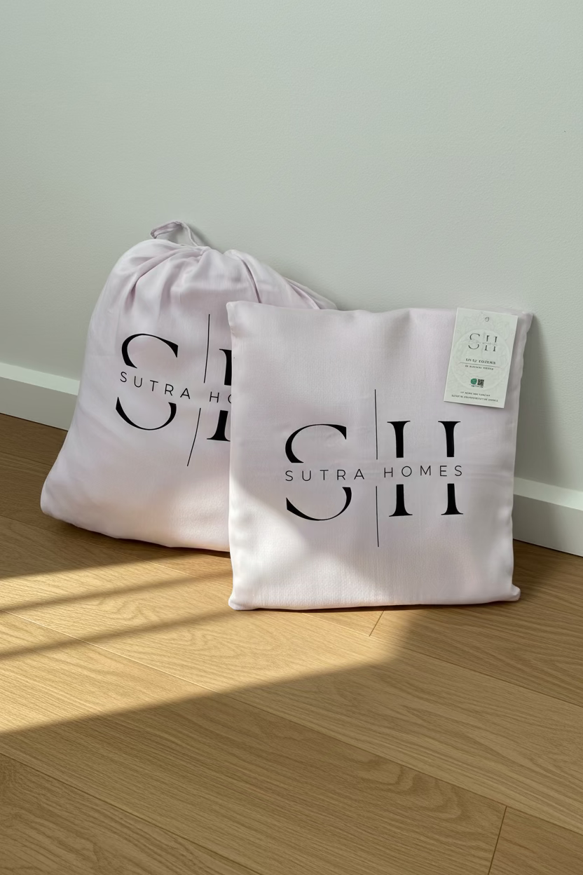 A light lavender satin sheet set from Sutra Homes, including a fitted or a flat sheet with a black printed logo and a white product tag, next to its matching drawstring storage bag on a gray carpeted floor against a white wall.