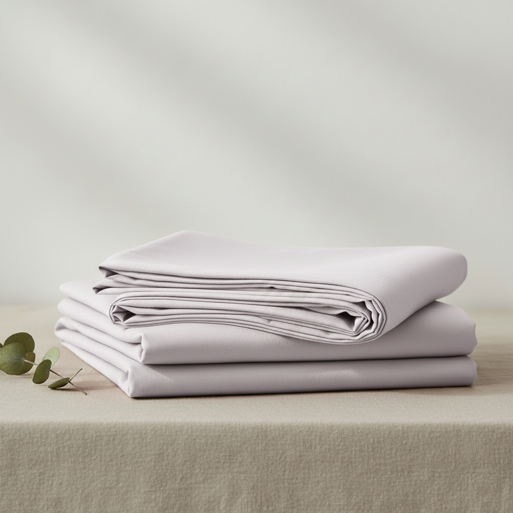 A stack of three folded light lavender or muted lilac bedsheets or linens sits on a beige tablecloth with a small green leafy sprig at the side, against a soft light gray background.