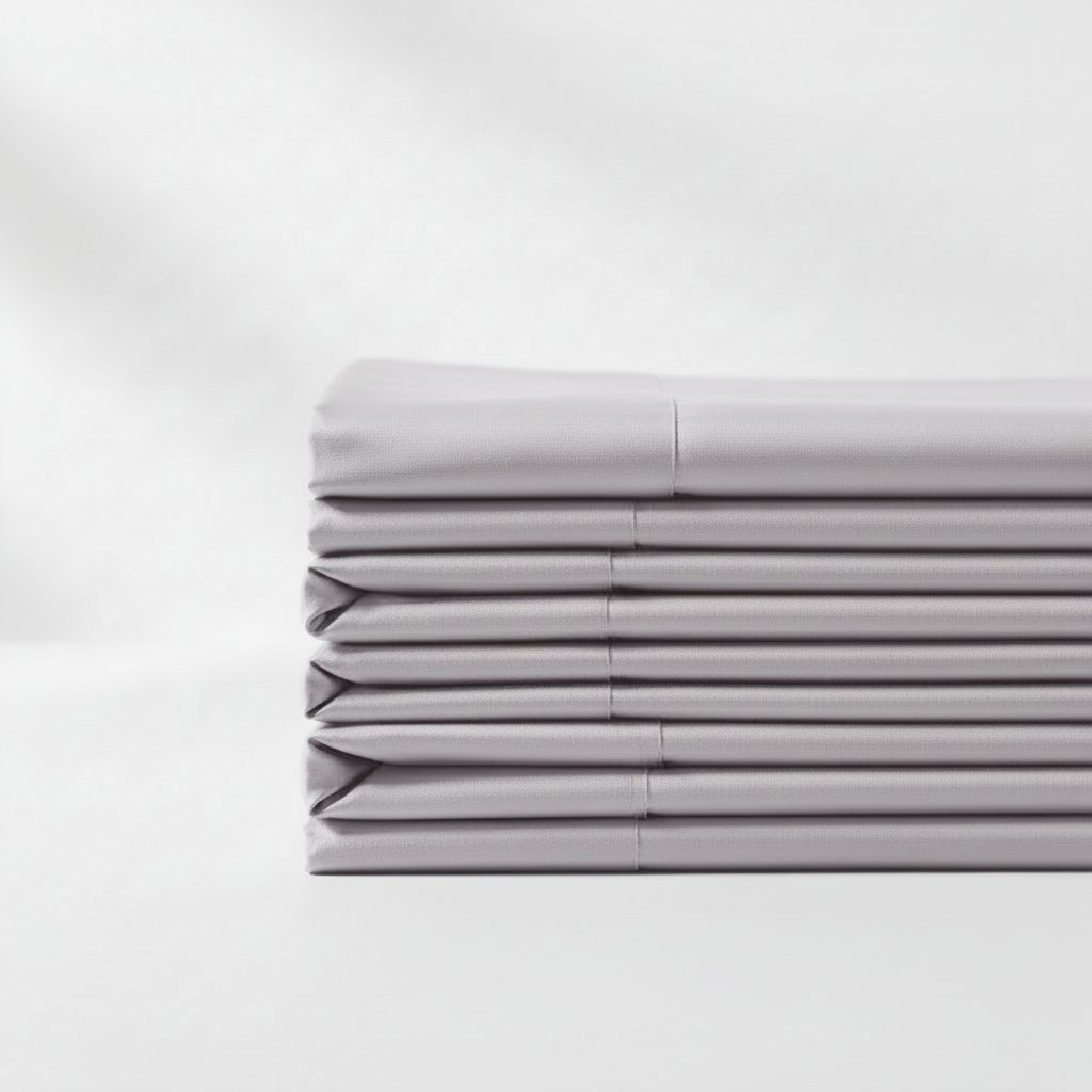 A stack of neatly folded sheets in a muted dusty lavender-lilac color, set against a clean white studio background.
