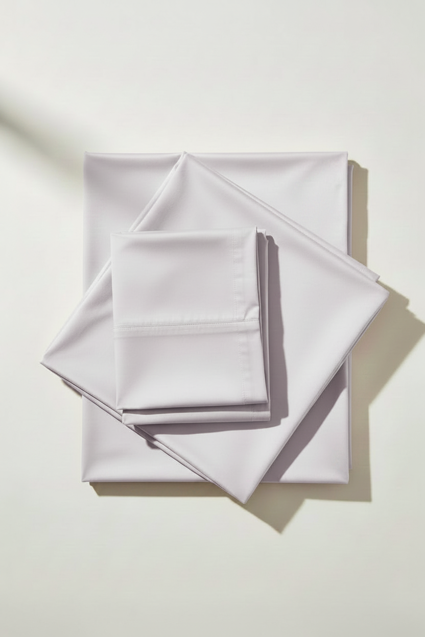 A neatly stacked bedding set (fiitted sheet, flat sheet & pillow covers) in a very muted lilac colour, arranged in a geometric stack on a clean white background with soft shadows.