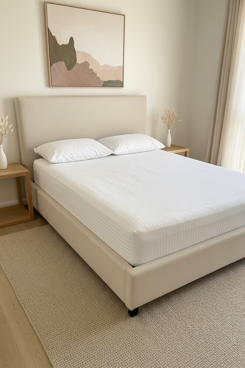A white striped fitted sheet set on a bed with a dark gray upholstered frame, two white pillows, and black bedside tables in a bedroom setting.