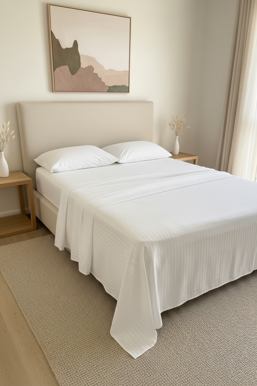 A white striped flat & fitted sheet set on a bed with a beige upholstered frame, two white pillows, and black bedside tables in a bedroom setting.