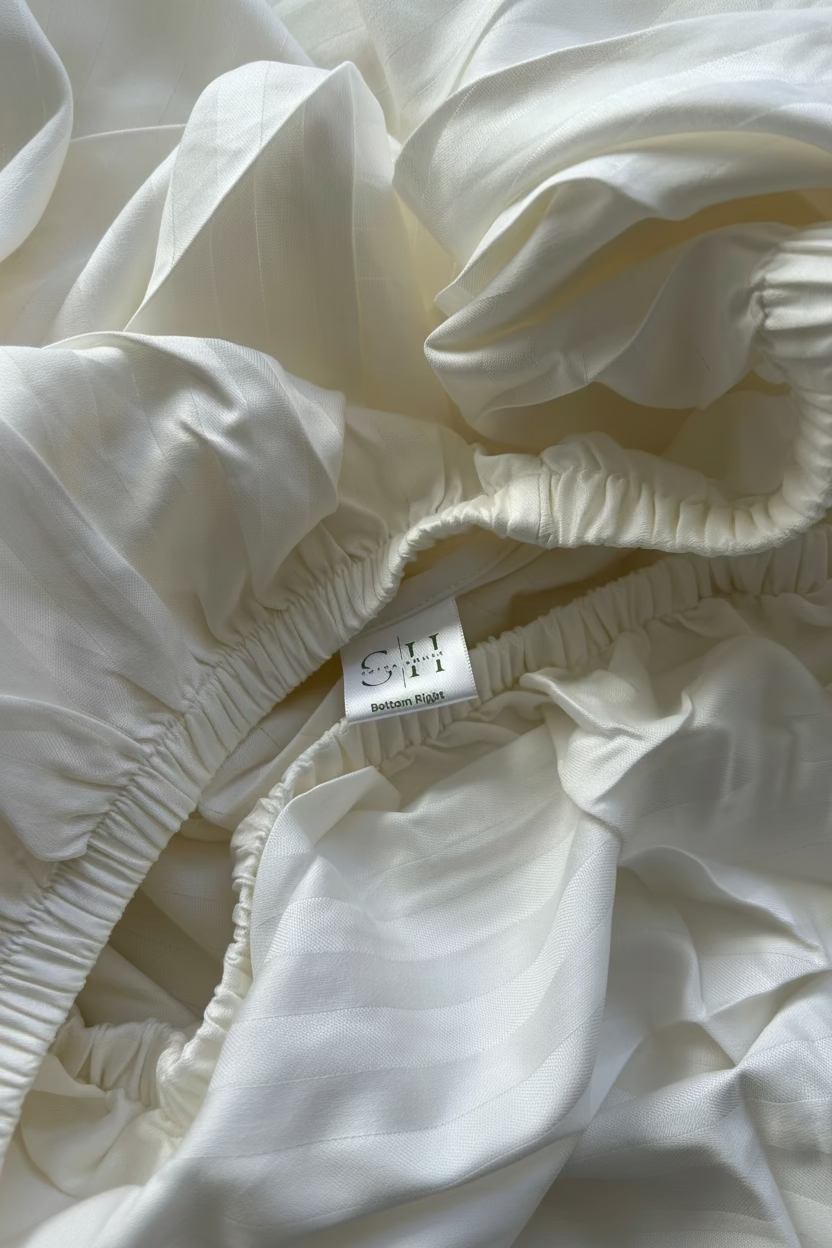 Close-up of the 3/4 inch elastic of the fitted white self-stripe sheet and a small white brand label that reads 'SH' with 'Bottom Right' underneath.