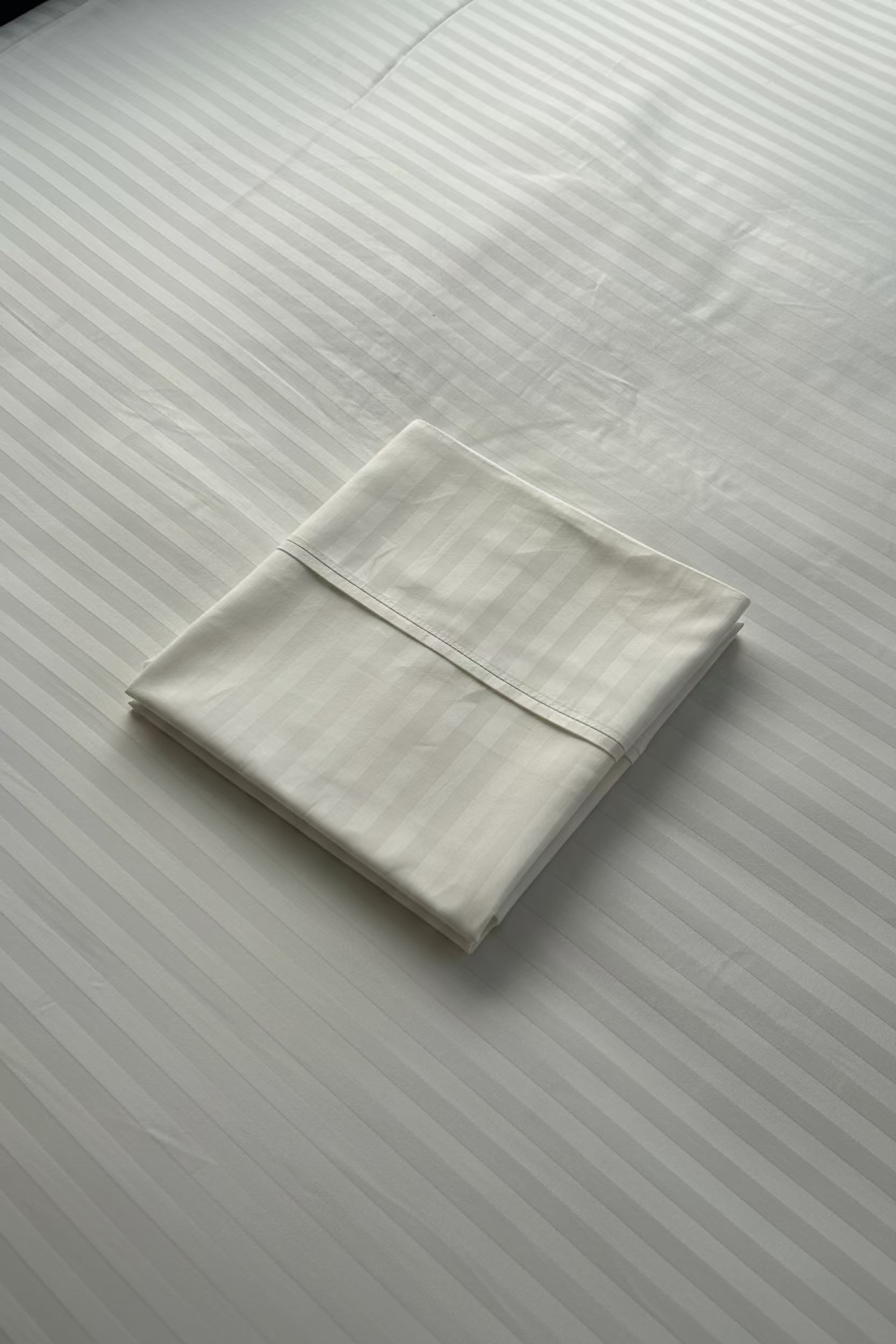 A folded white striped pillow case is placed on a matching striped bedding.