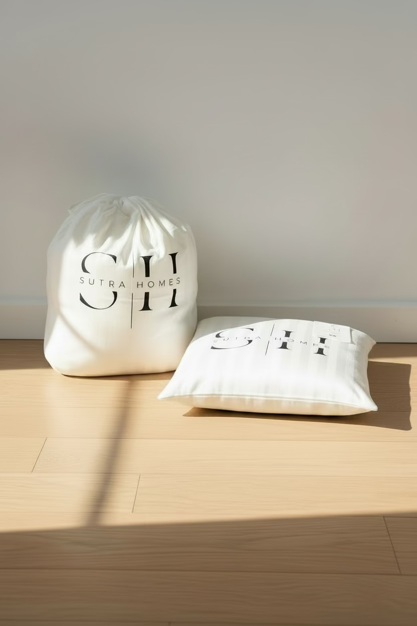 A folded white striped textile product with a large black Sutra Homes logo tag and matching branded drawstring bag, placed against a wall.