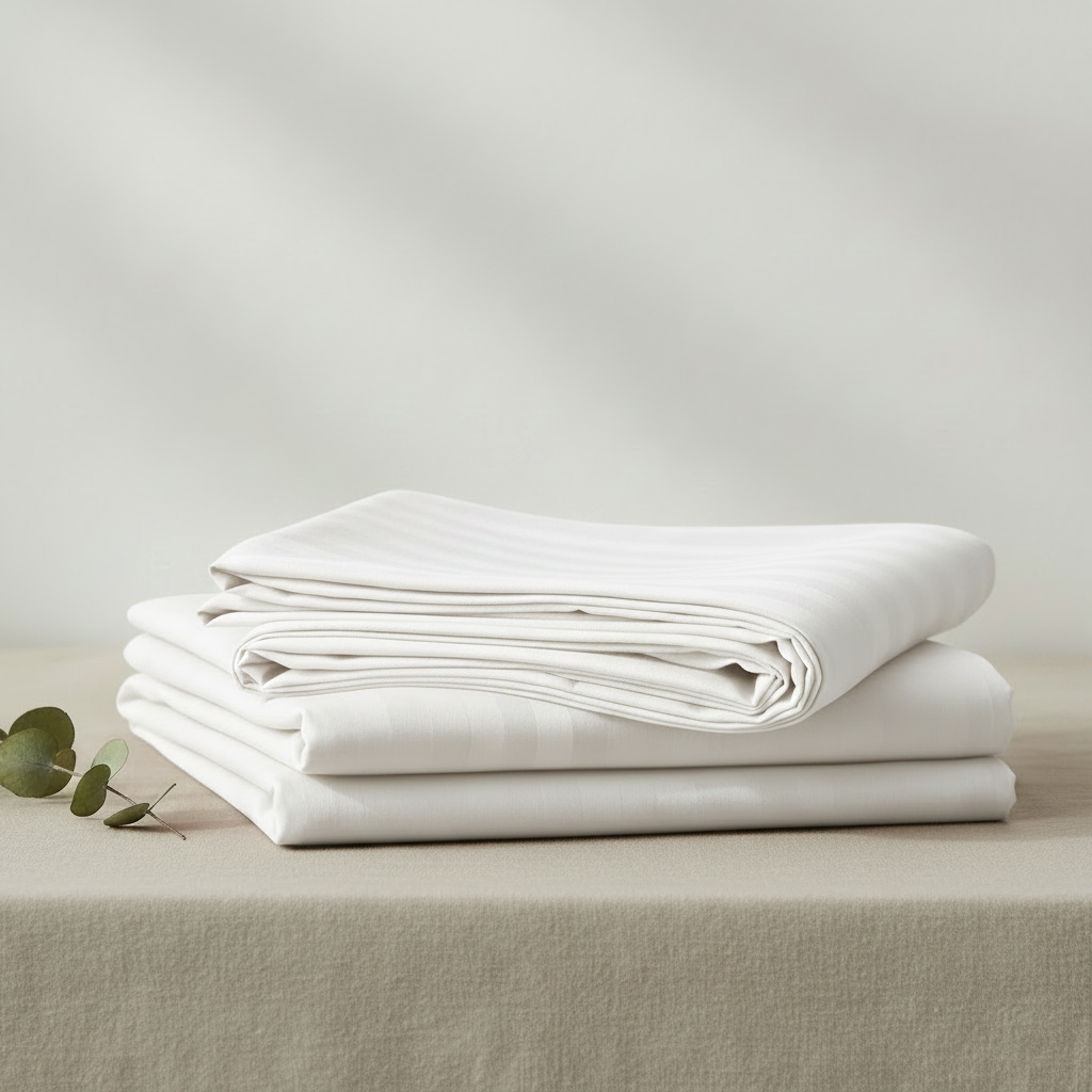 A stack of three folded white self-striped sheets or linens sits on a beige tablecloth with a small green leafy sprig at the side, against a soft light gray background.