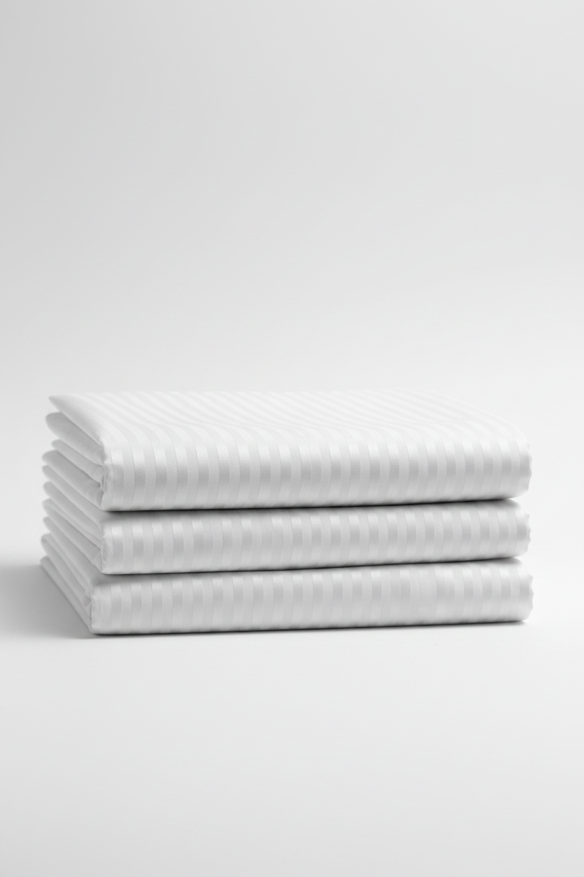 A stack of folded white bed sheets with a subtle wavy stripe pattern, photographed on a seamless light gray studio background.
