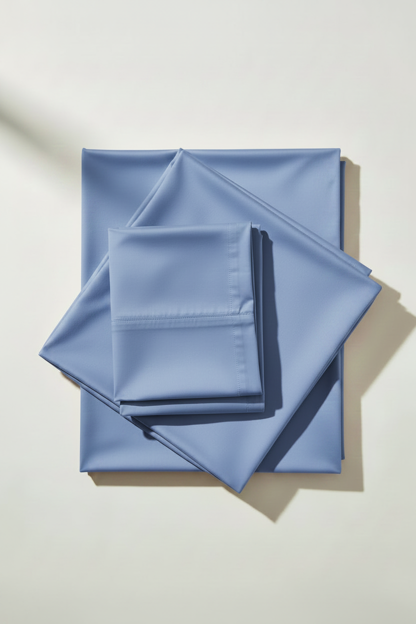 A neatly folded bedding set in a dusty navy peony pantone blue color, arranged in a stack on a warm off-white background with soft shadows.